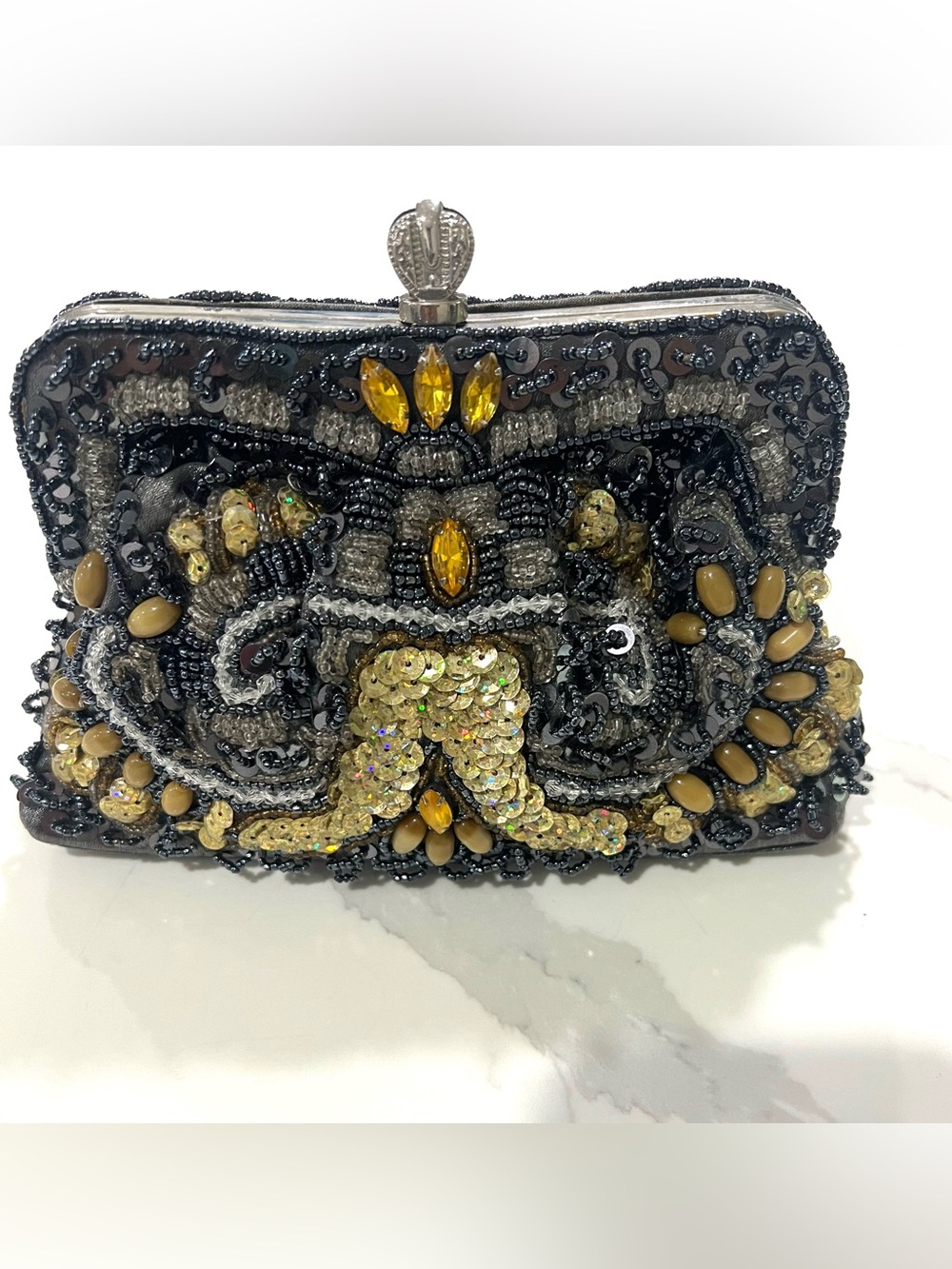Vintage Elegant Fully Beaded Sequins Clutch Gold Accents Trending Stunning EUC